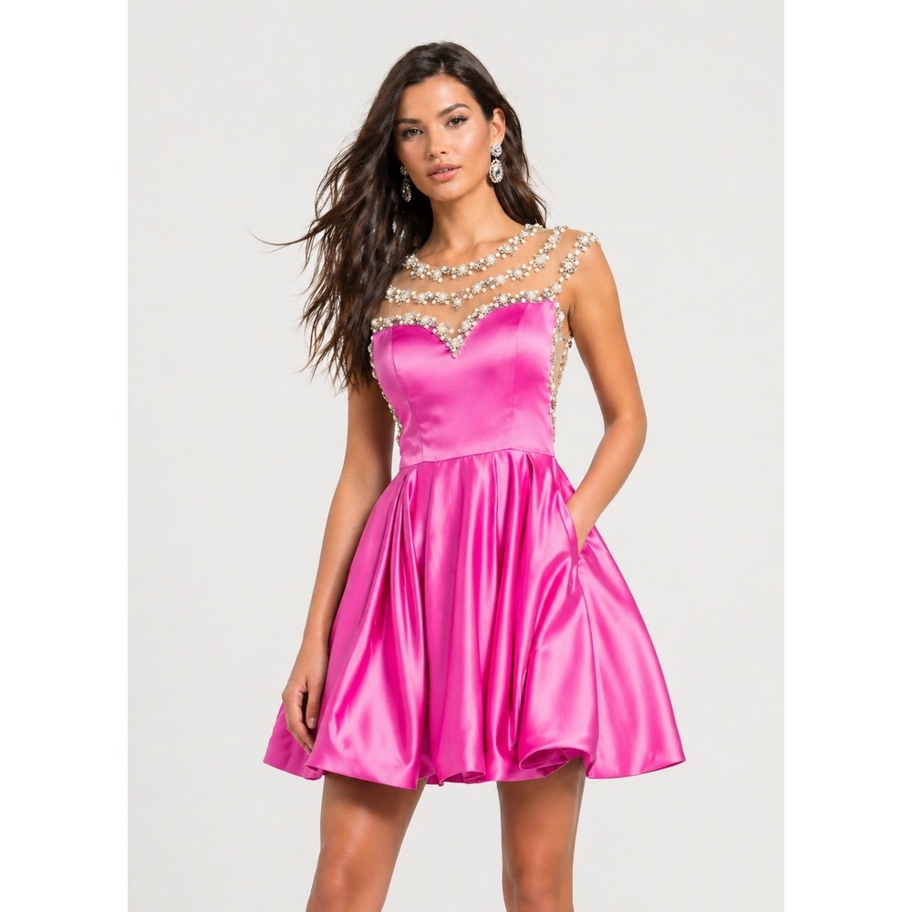 ASHLEY LAUREN Fuchsia Satin Pearl Crystal Beaded Cocktail Dress Size 0 NWT